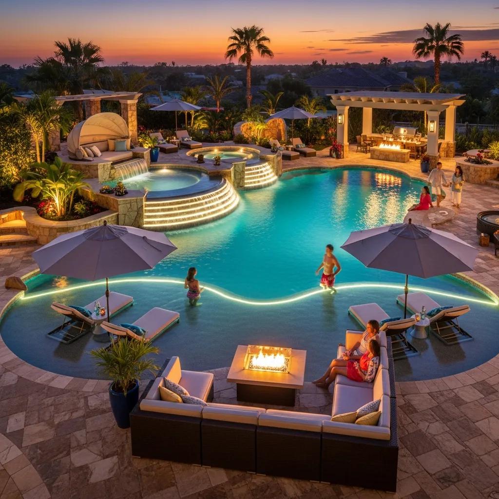 Luxury pool with waterfall and LED lighting enhancing outdoor living space