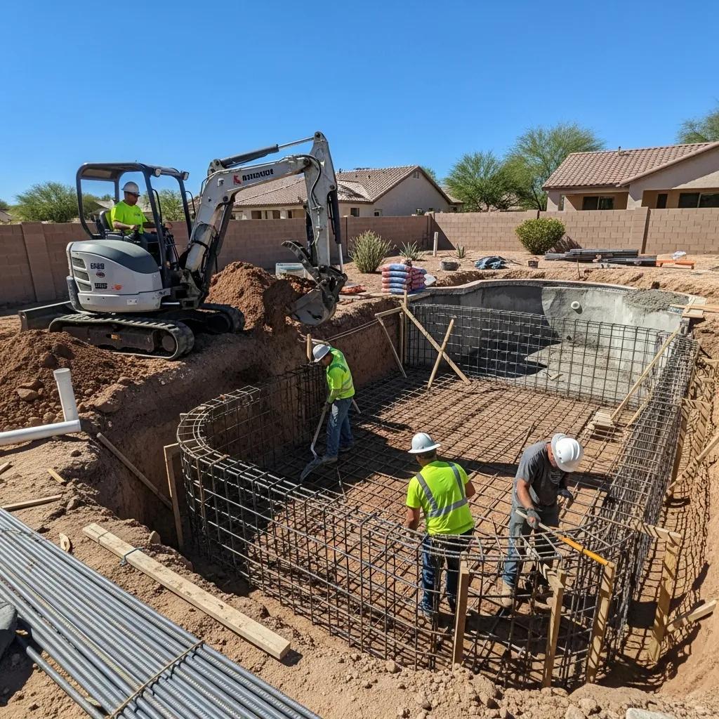 Pool construction process with workers and equipment in a residential backyard