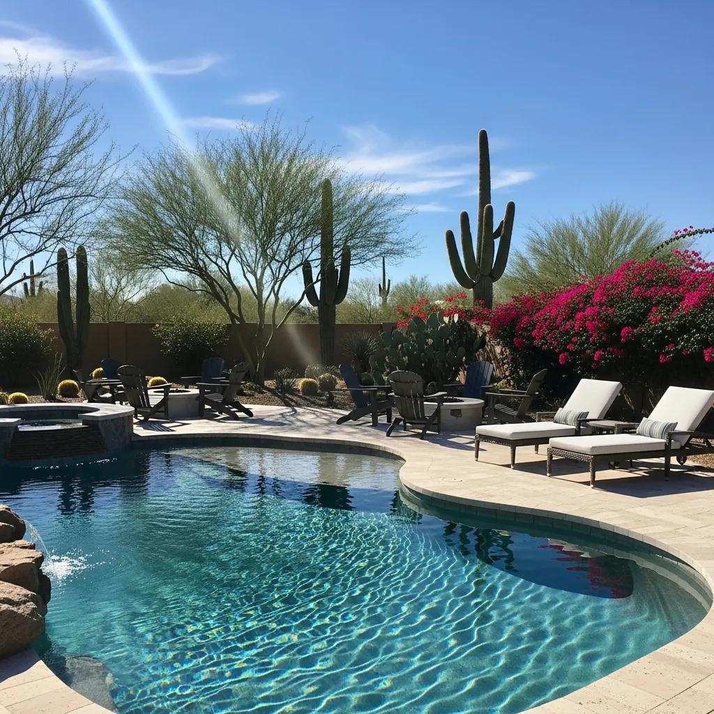 Beautifully remodeled swimming pool in Arizona, surrounded by lush landscaping, cacti, and vibrant bougainvillea, featuring modern outdoor furniture and a serene blue water surface.